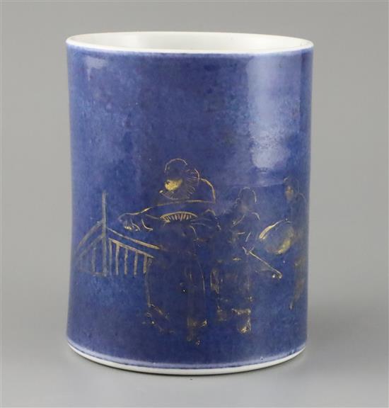 A Chinese gilt-decorated powder blue brush pot bitong, Kangxi period, H.15.2cm, repairs